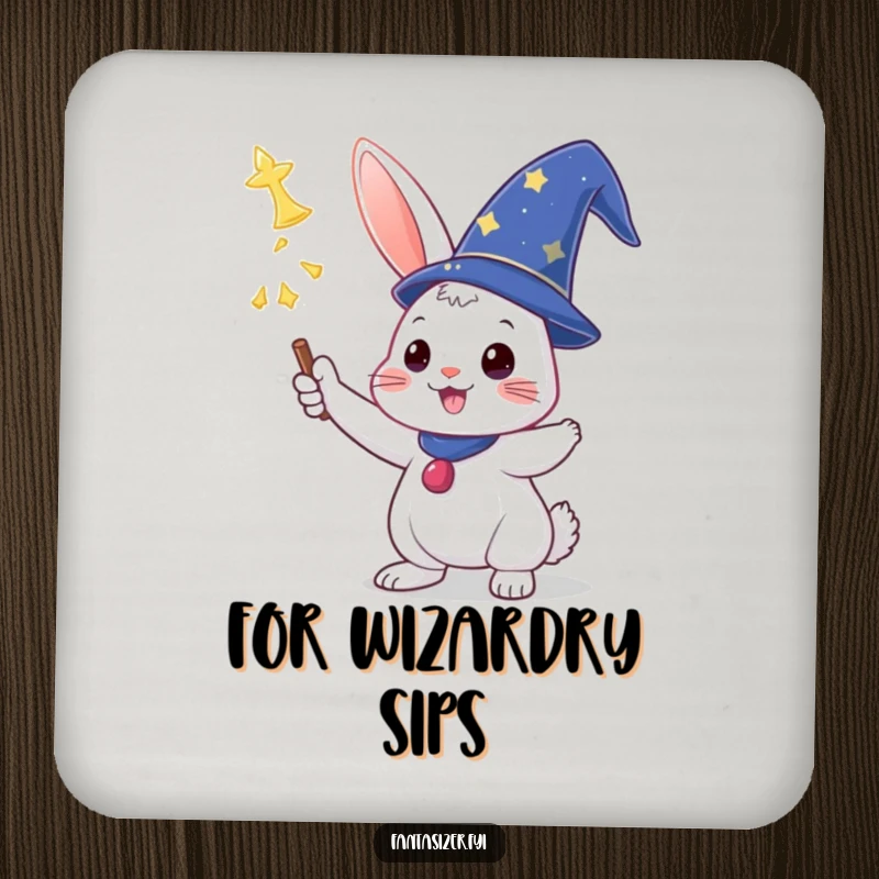 Funny drink coaster with a triumphant rabbit in a wizard hat casting a spell, protecting surfaces magically.