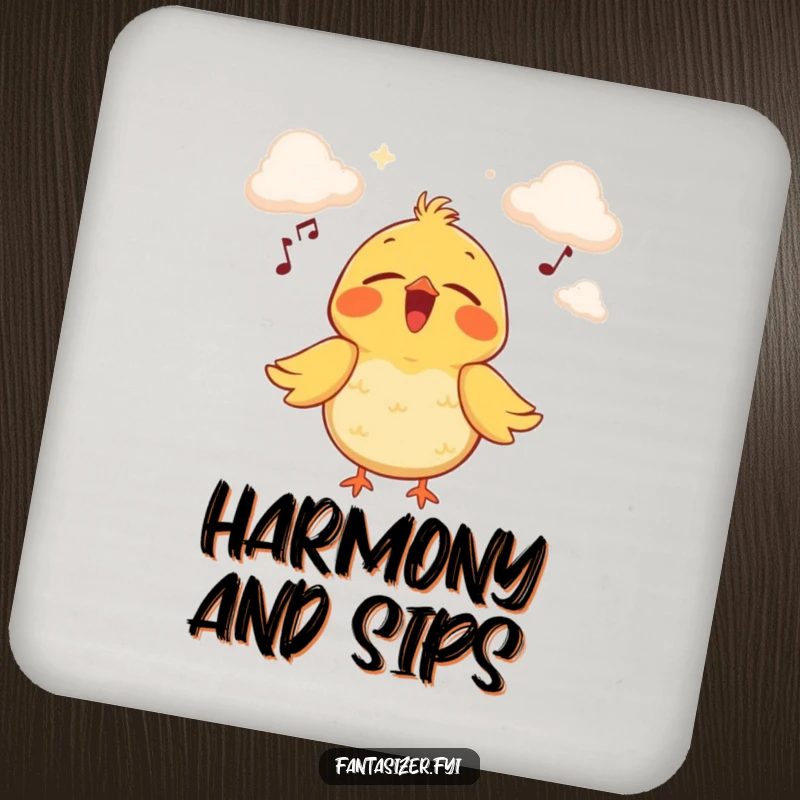 Funny coasters featuring a joyful bird singing on a cloud stage, protecting surfaces with musical charm and whimsical art.