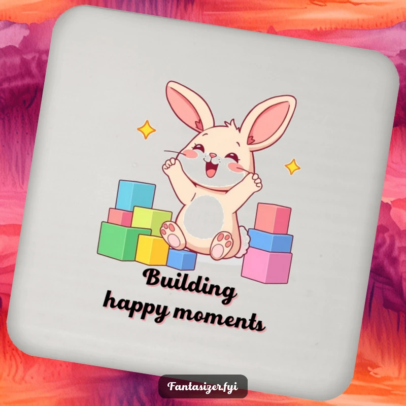 Funny drink coaster with a happy bunny with paws in the air, imagining a world made of colorful blocks.