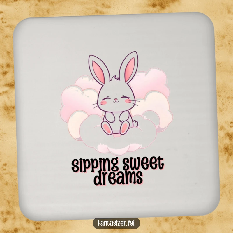 Funny bunny coasters with eyes closed, imagining floating amongst giant, candy-colored clouds, protecting surfaces with sweetness.