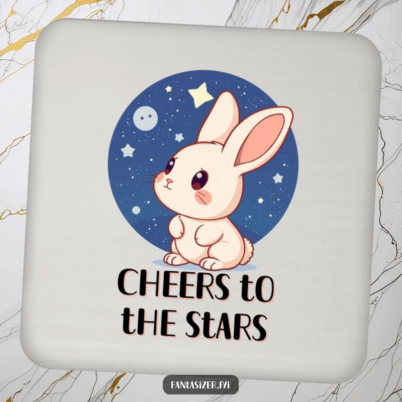 Funny Rabbit Coaster: A curious rabbit looking up at a starry night sky, providing a protective and humorous accent for drinks.