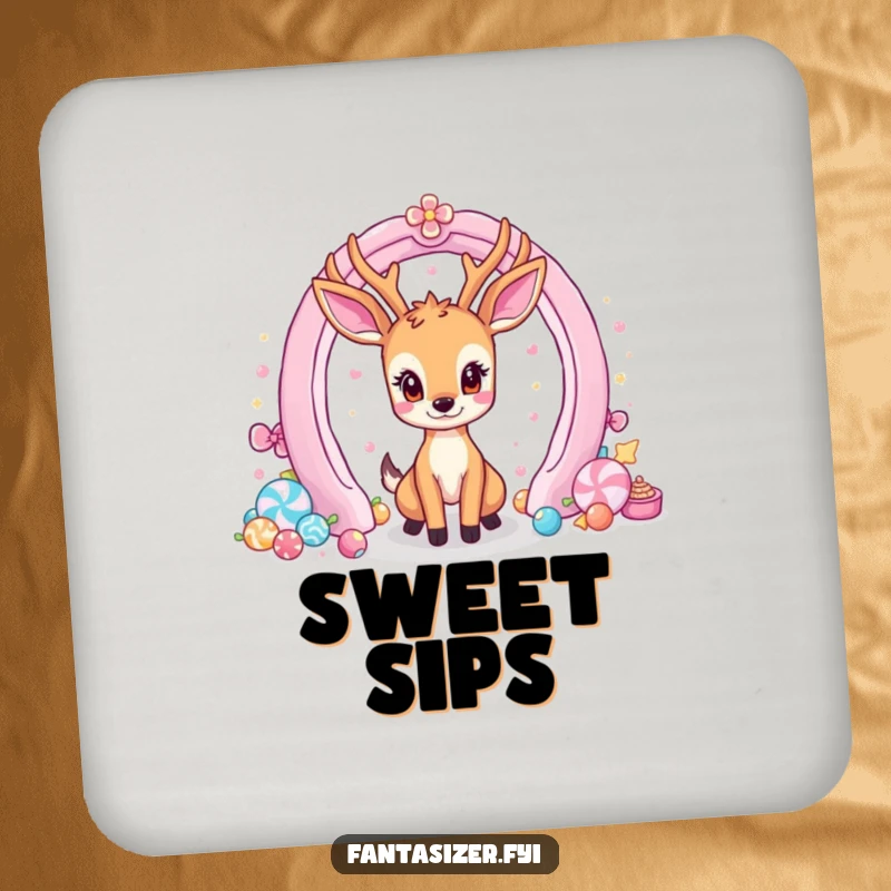 Funny drink coasters featuring a deer captivated by a portal to a world of sweets, perfect for table protection.