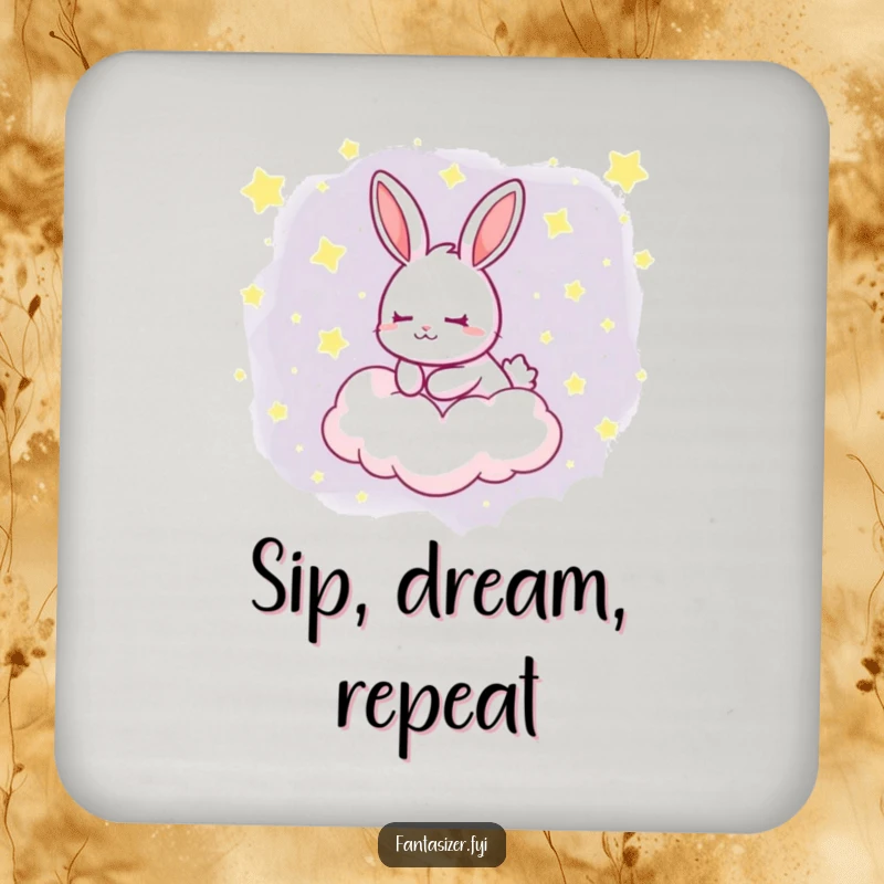 Funny coasters featuring a dreaming rabbit floating on a cloud filled with stars, protecting tables with whimsical charm.