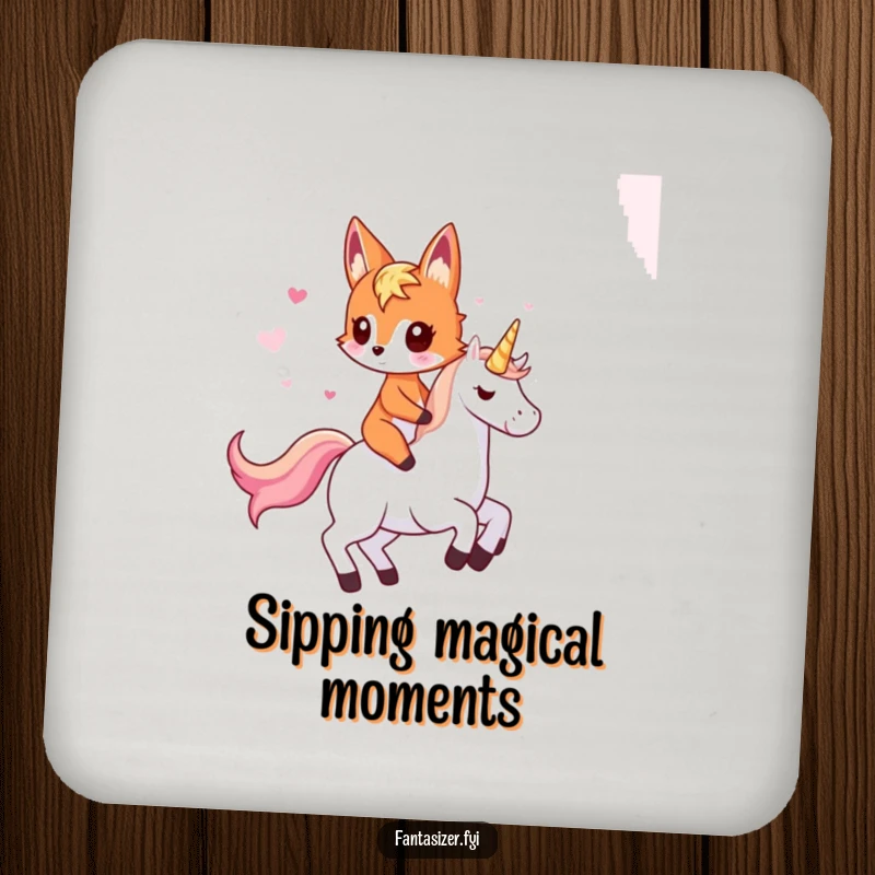 Funny fox coasters depicting an imaginative fox riding a unicorn, adding whimsical, humorous protection to tables.