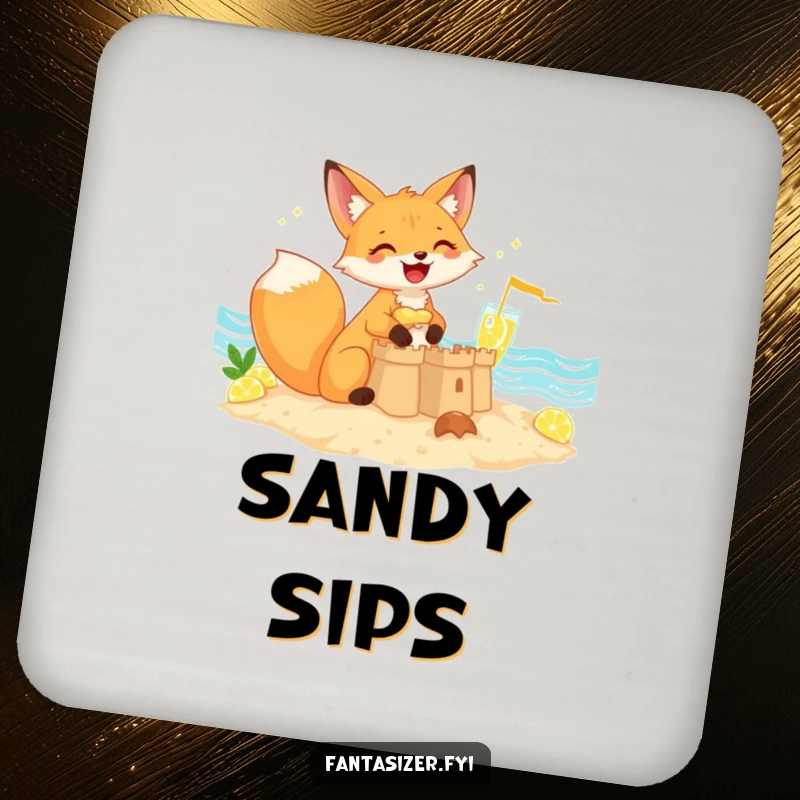 Funny giggling fox building a sandcastle near lemonade waves, drink coasters, perfect funny gift.