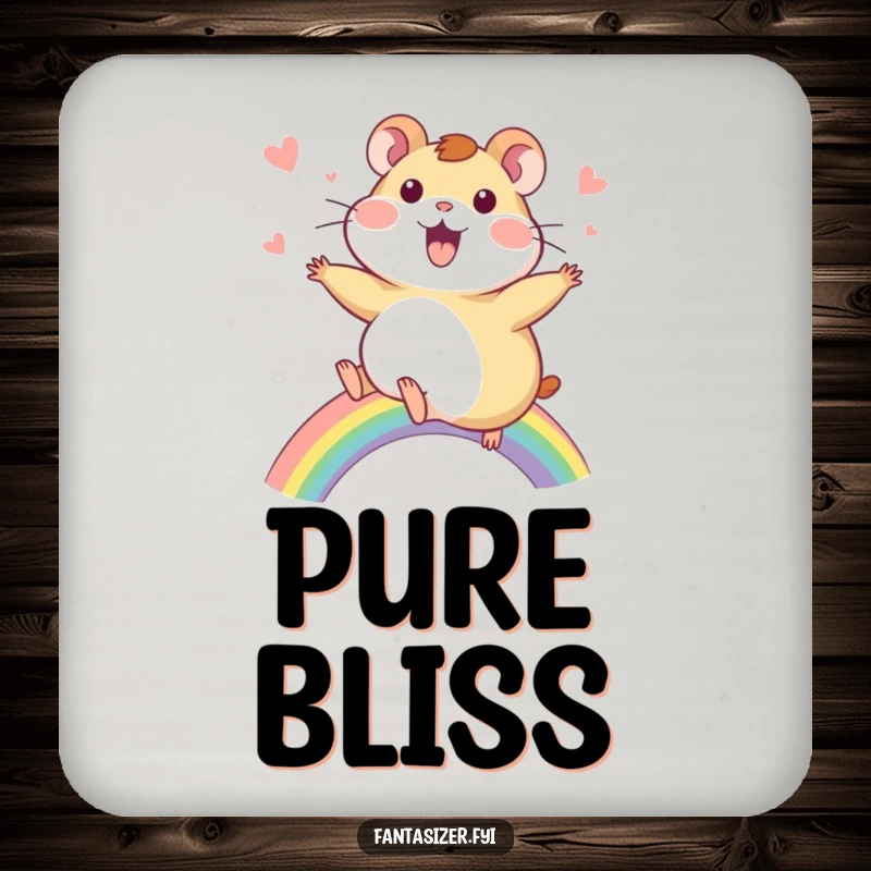 Funny Hamster Coasters: A delighted hamster rides a vibrant rainbow with a look of awe, protecting surfaces with charm.