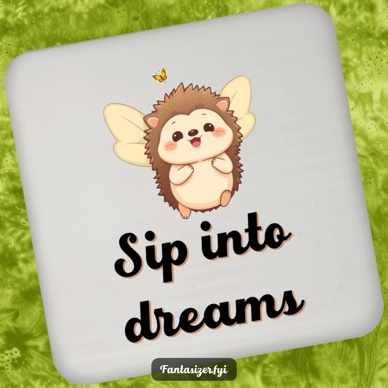 Funny coasters featuring a delighted hedgehog with butterfly wings, adding magical charm to tabletops.