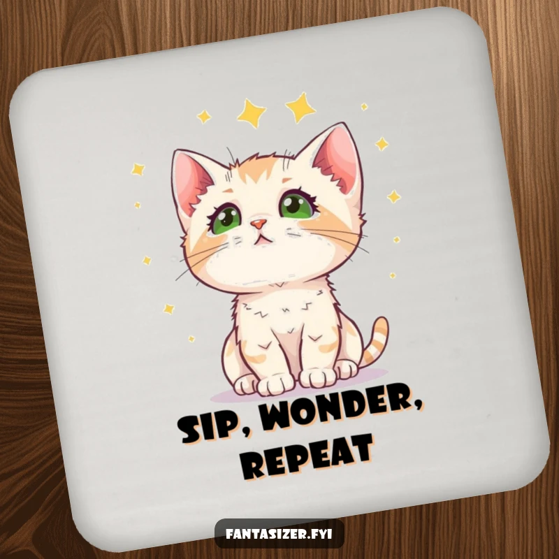 Funny kitten coaster featuring a curious cat gazing at a starry sky, providing surface protection with celestial wonder.