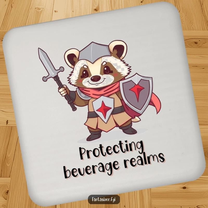 Funny drink coasters featuring a determined badger knight, protecting surfaces with heroic charm and wit.