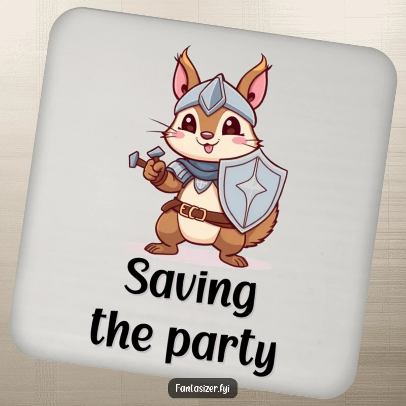 Funny drink coaster set featuring a squirrel knight ready to defend, adding charming and heroic humor to tables.