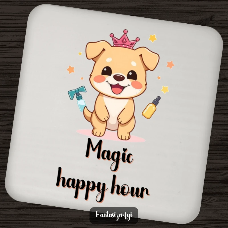 Funny Dog Coasters: A joyful dog character magically transforms everyday objects into sparkling treasures, protecting surfaces with charm.