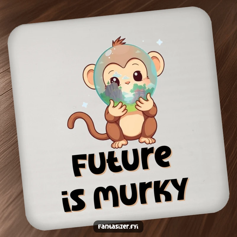 Funny Monkey Coaster: Curious monkey holds a crystal ball revealing a fantasy realm, protecting surfaces with humorous mystical charm.