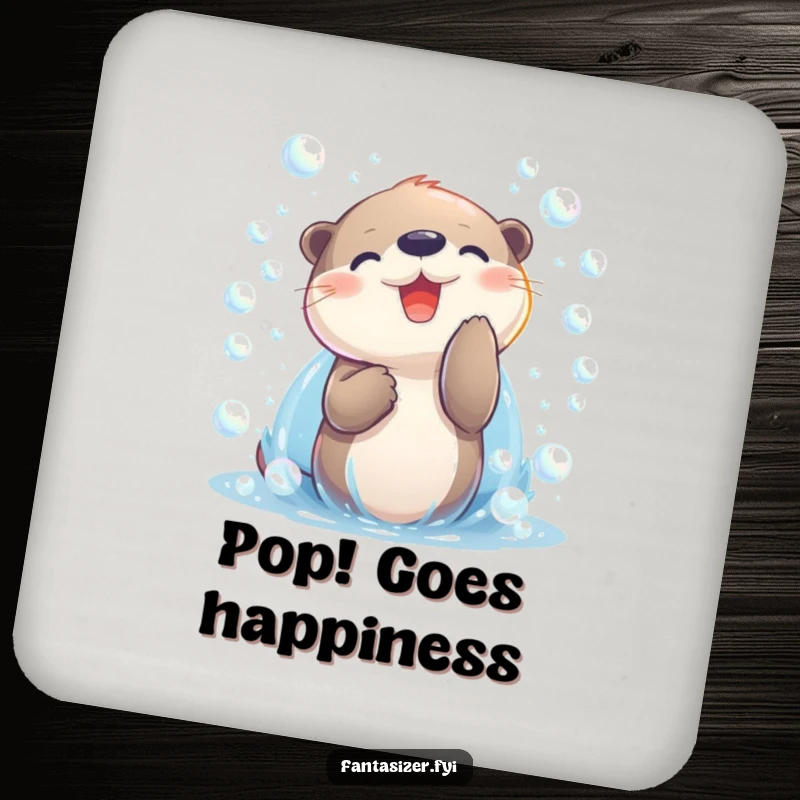 Funny otter character playing with shimmering bubbles on a drink coaster, a humorous and protective home accessory.