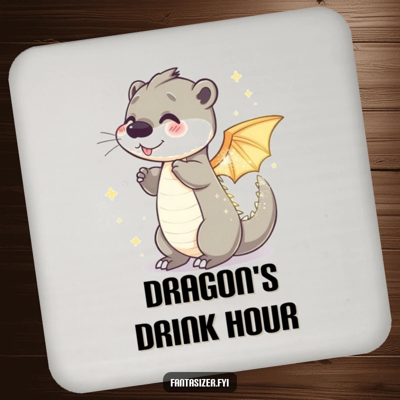 Funny otter dragon drink coaster with a playful otter transforming into a sparkling, shimmering dragon, perfect for protecting surfaces.