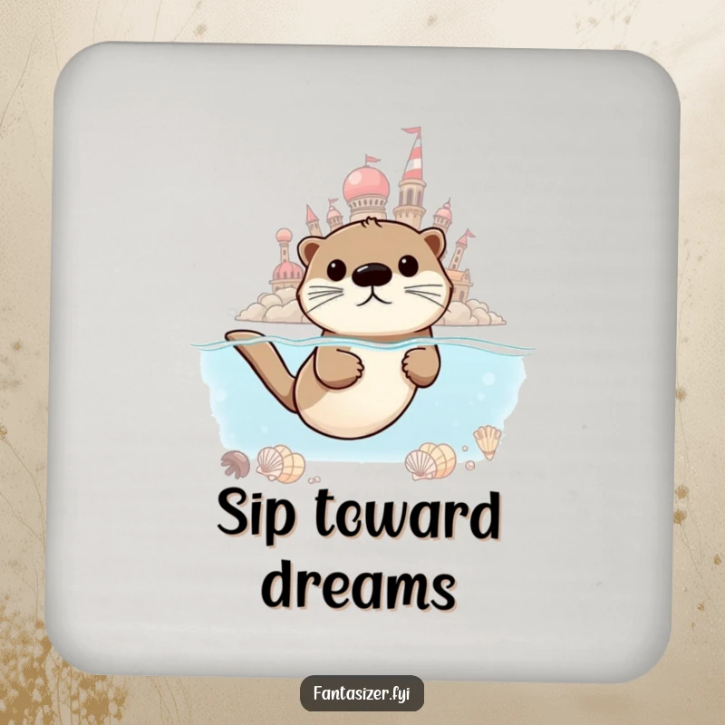 Funny Otter Dreamer Coaster, a determined otter swimming towards a seashell city, offering ambitious humor to tables.