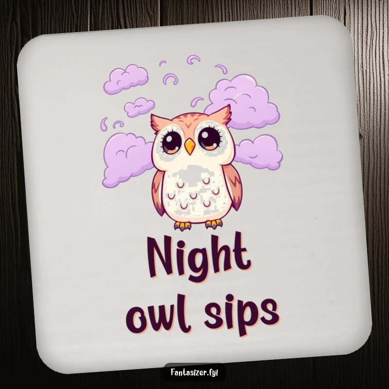 Funny drink coasters featuring a cute owl character with wide eyes looking up at a sky filled with swirling purple clouds, protecting surfaces with humorous charm.