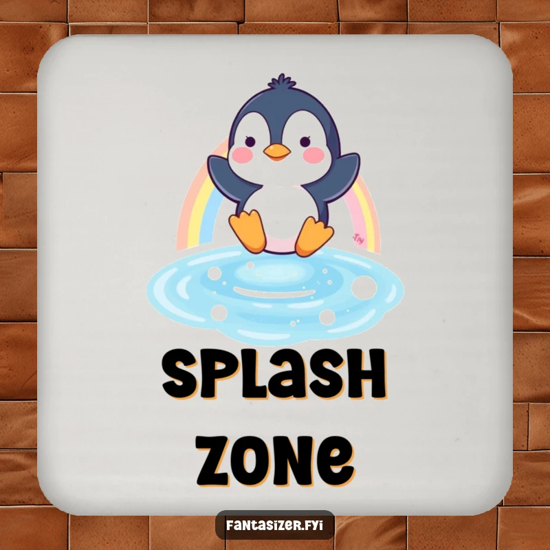 Funny drink coasters depicting a happy penguin sliding down a rainbow, adding a whimsical touch to any table.