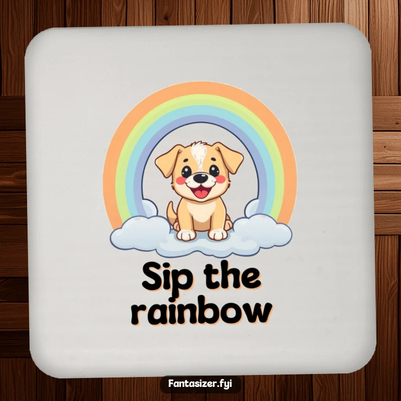 Funny coaster showcasing a cheerful puppy peeking through a rainbow portal, protecting surfaces with puppy love.