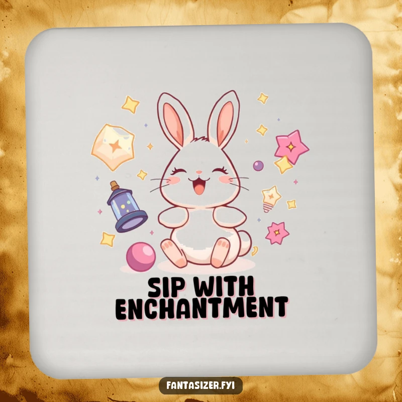 Funny rabbit coaster featuring a delighted bunny surrounded by floating magical objects, providing surface protection with enchanting whimsy.