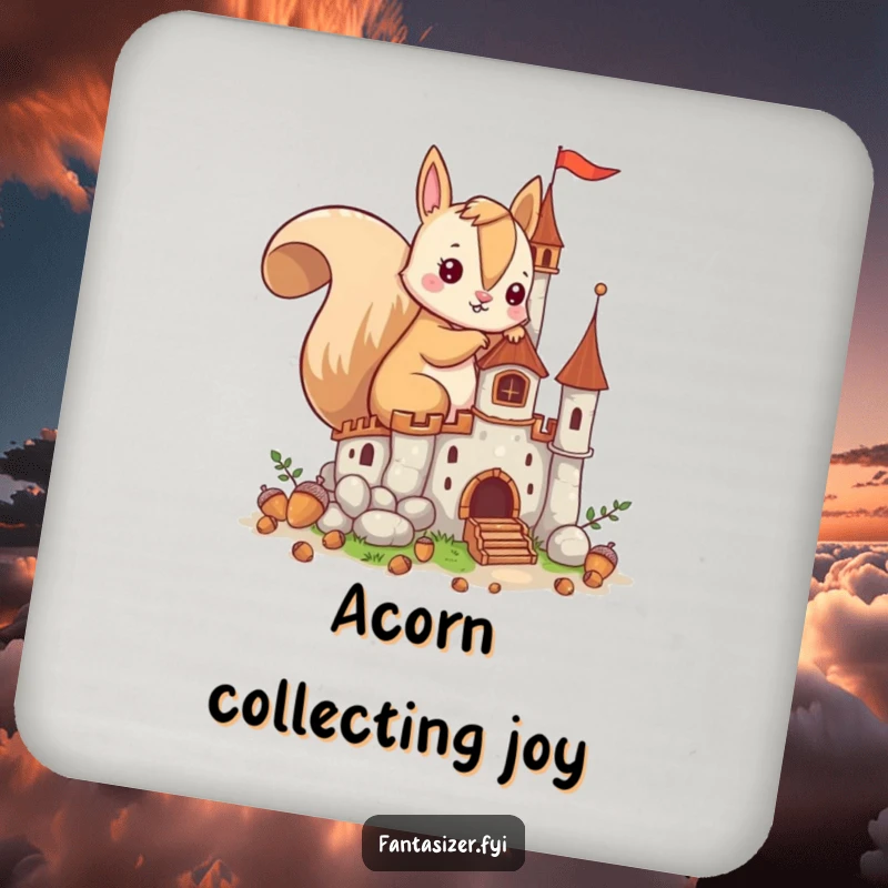 Funny coasters featuring an imaginative squirrel building a castle from acorns, protecting tables with creative architectural flair.
