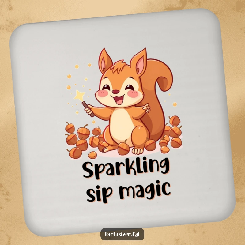 Funny joyous squirrel conjuring sparkling acorns with a magic wand, a protective and enchanting drink coaster.