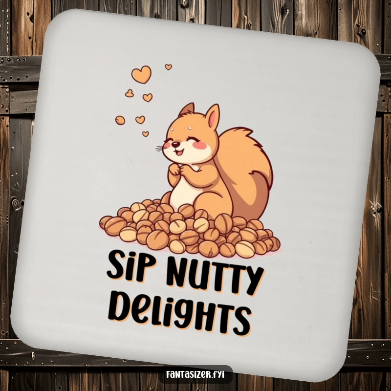 Funny drink coaster with a happy squirrel contemplating a hoard of nuts, offering protection and a humorous visual for tabletops.