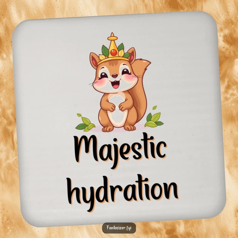 Funny drink coaster with a delighted squirrel king wearing a leaf crown, ruling a tiny kingdom, adding humorous charm.