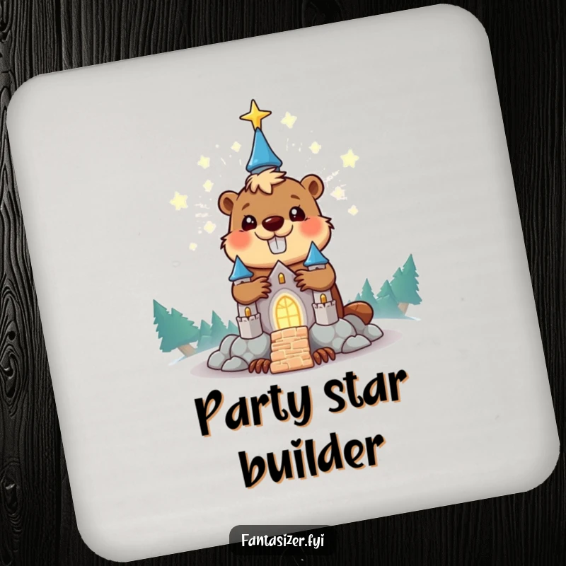 Funny beaver drink coaster showing a happy character building a glowing stardust castle, ideal for a humorous housewarming gift.