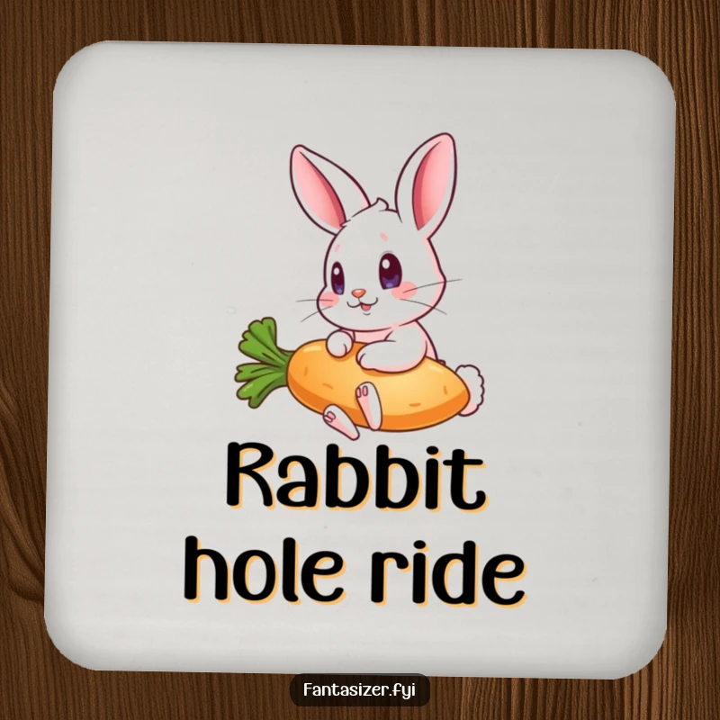 Funny drink coaster with a whimsical rabbit riding a flying carrot, protecting surfaces with a smile and a chuckle.
