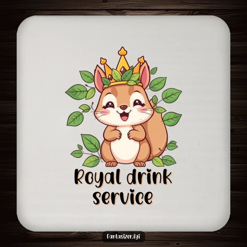 Funny coasters featuring a delighted squirrel king with a leaf crown, protecting surfaces with regal charm and humorous art.