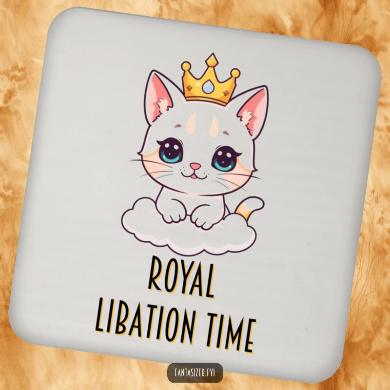 Funny cat king drink coaster with a crowned cat dreaming of ruling a fluffy kingdom in the clouds, perfect for protection.