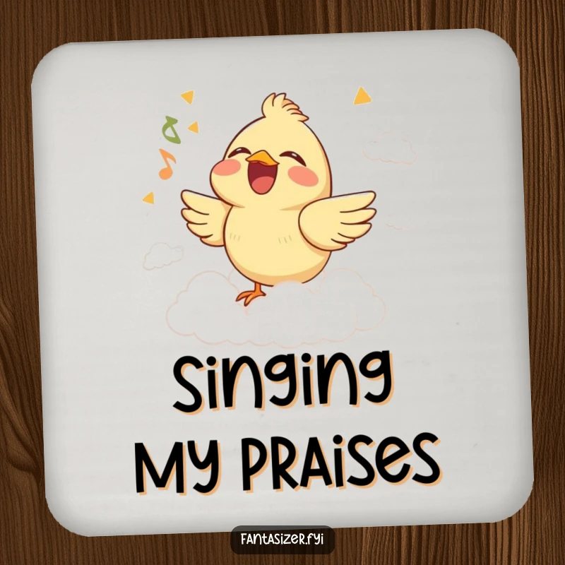 Funny drink coaster with a joyful bird singing on a cloud stage, adding whimsical musical humor to table settings.