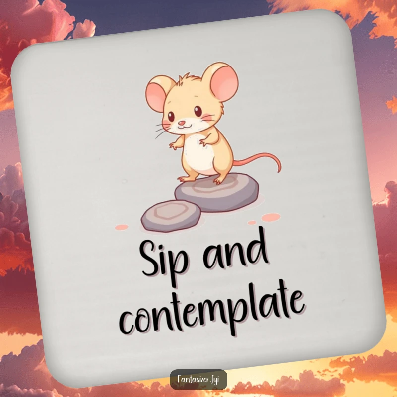Funny coaster showcasing a brave mouse stepping on thought-stones, protecting surfaces with intellectual flair.