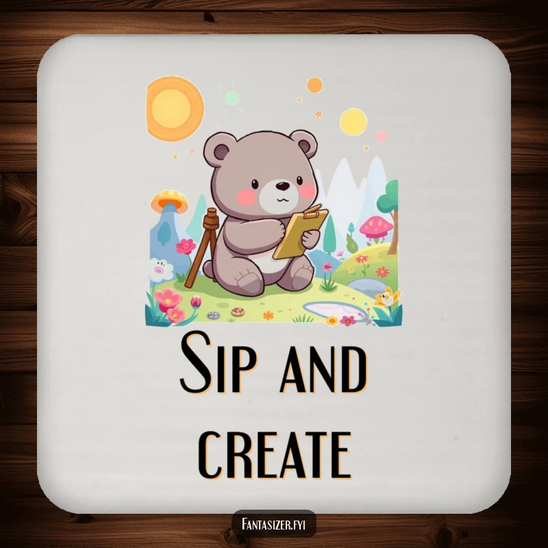 Funny Bear Coasters: A whimsical bear paints a vibrant, otherworldly landscape, protecting surfaces with artistic charm.