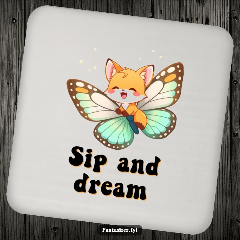 Funny fox cub coaster, a cub flying on a butterfly, perfect for protecting surfaces with whimsical humor.