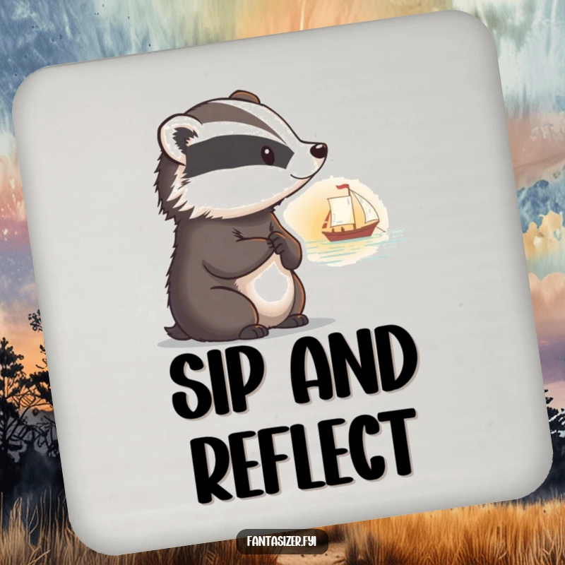 Funny coasters featuring a thoughtful badger with a faraway look, watching a boat sail into a sunset.