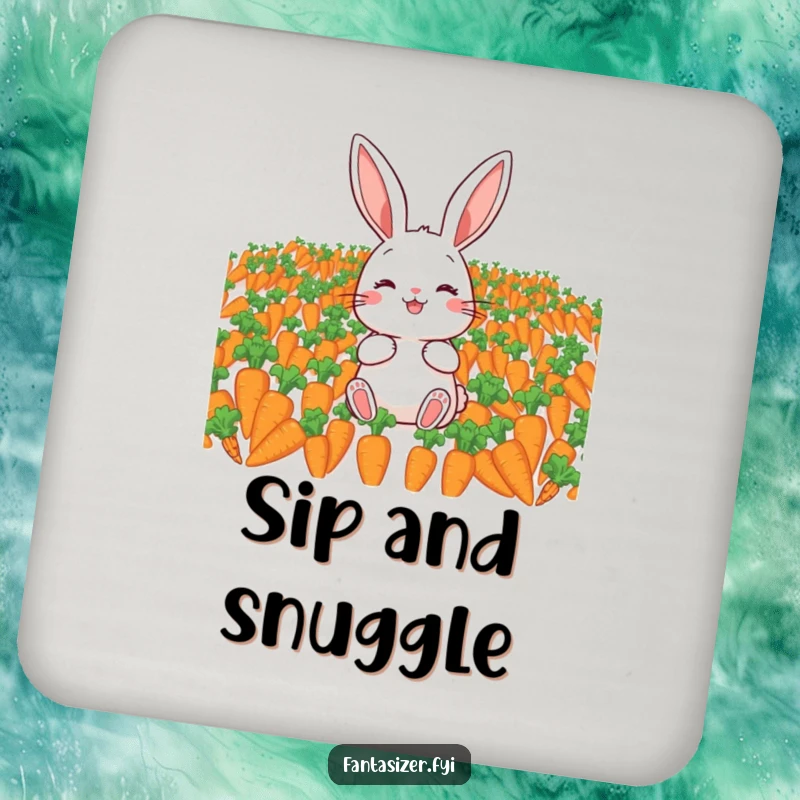 Funny drink coaster with a happy rabbit contemplating a field of carrots, offering protection and a humorous visual for tabletops.