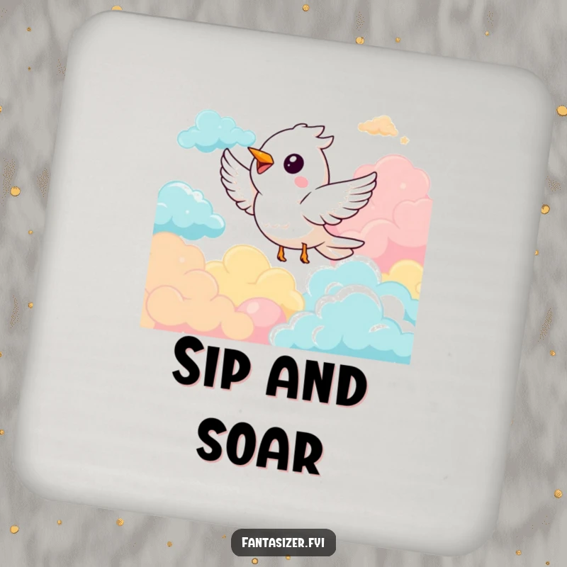 Funny drink coaster featuring a delighted bird character soaring through colorful clouds, adding a touch of joy and protection.