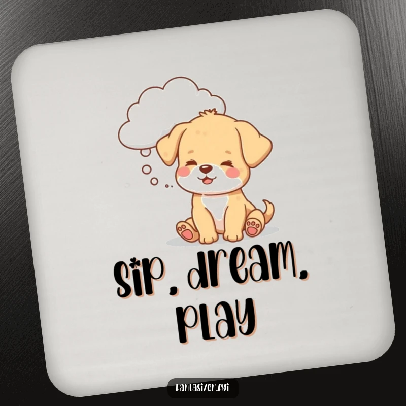 Funny puppy coaster, a dog dreaming of a toy cloud, perfect for protecting surfaces with playful humor.