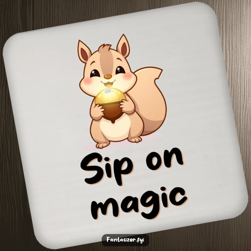 Funny Squirrel Magic Coaster, a cheerful squirrel holding a magical glowing acorn, bringing enchanted humor to tables.