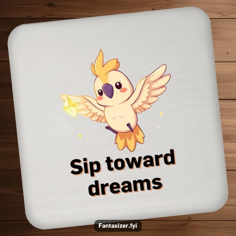 Funny parrot character flying towards a dream crystal on a drink coaster, a humorous and inspirational home accessory.