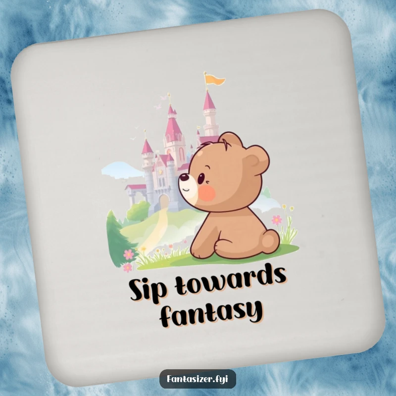 Funny Bear Coasters illustrating a bear cub looking at a castle, providing humorous table protection for dreamers.