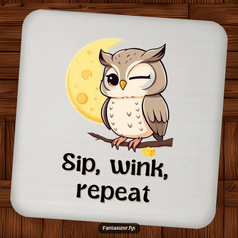Funny drink coaster with a winking owl observing a moon made of cheese, protecting surfaces with humor.