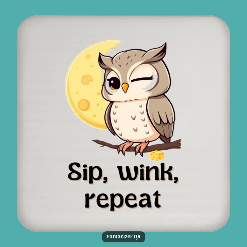 Funny Winking Owl Cheese Moon Coaster: Quirky Drink Protector Gift
