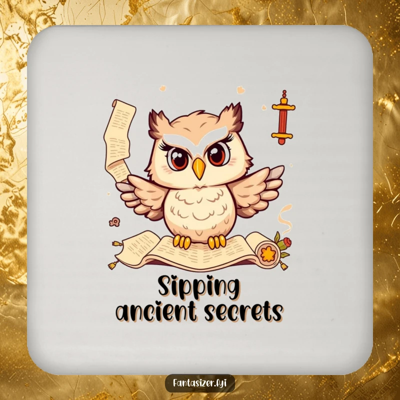 Funny drink coasters with a wise owl and ancient scrolls, protecting surfaces with academic charm and wit.