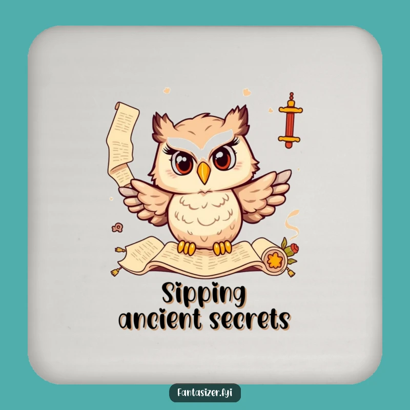 Funny Owl Scholar Coaster Set: Wise Ancient Scrolls Drink Protector, Unique Humorous Gift