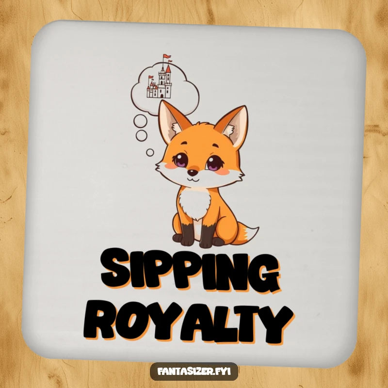 Funny drink coaster with a curious fox and a thought bubble showing a castle, adding whimsical humor to table settings.