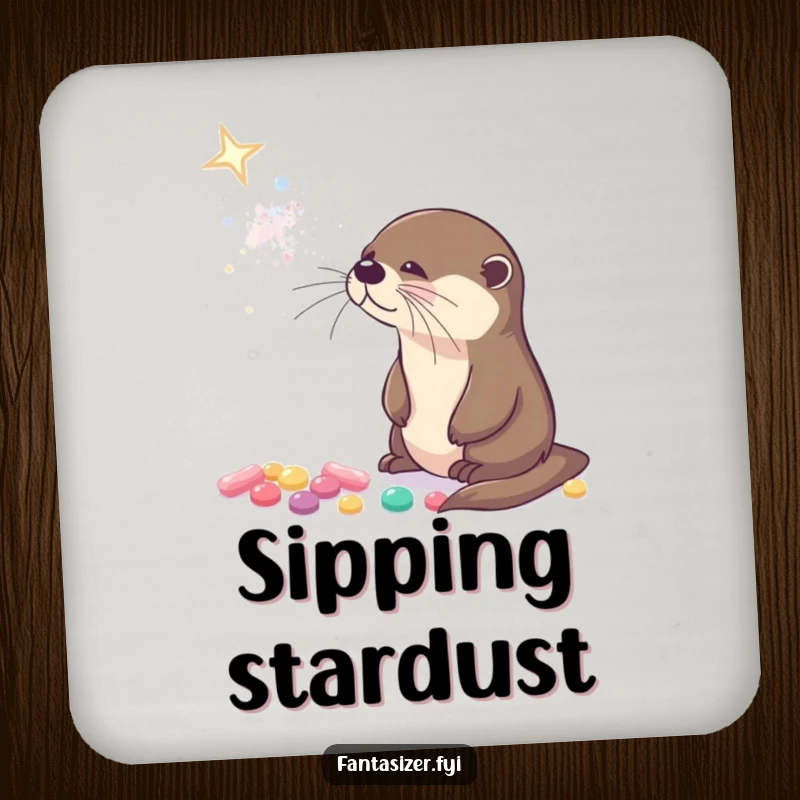 Funny drink coaster with a curious otter gazing at a sparkling galaxy made of tiny, glowing candies.