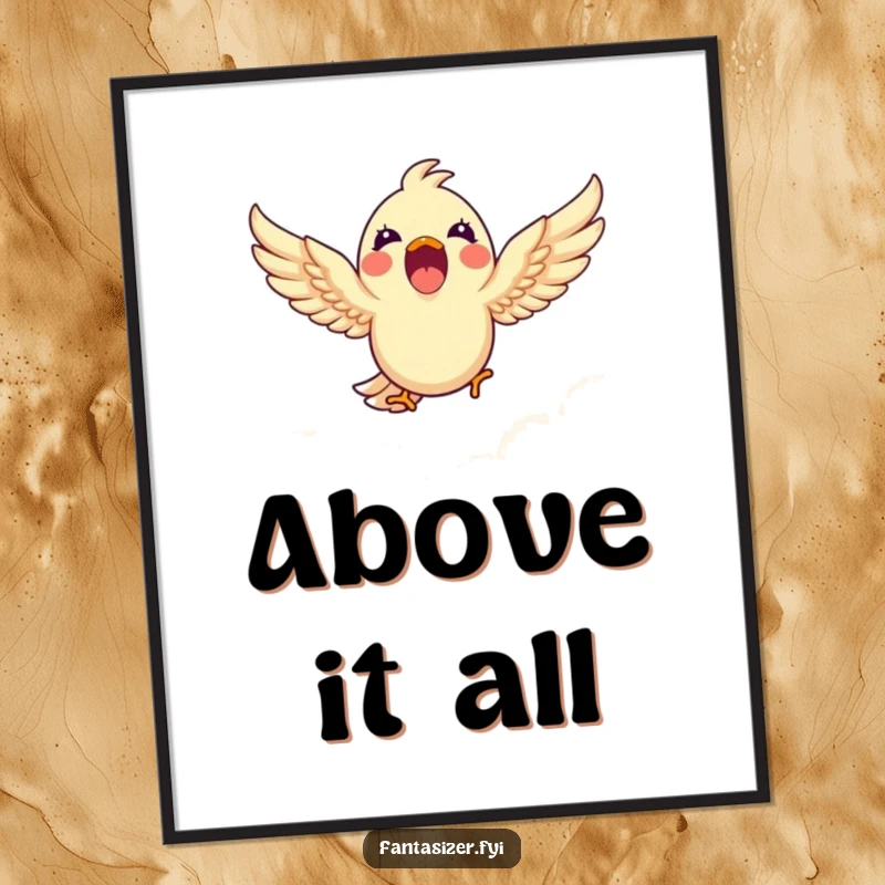 Funny poster depicting a delighted bird soaring through clouds, a humorous and charming piece of wall art for dreamers.