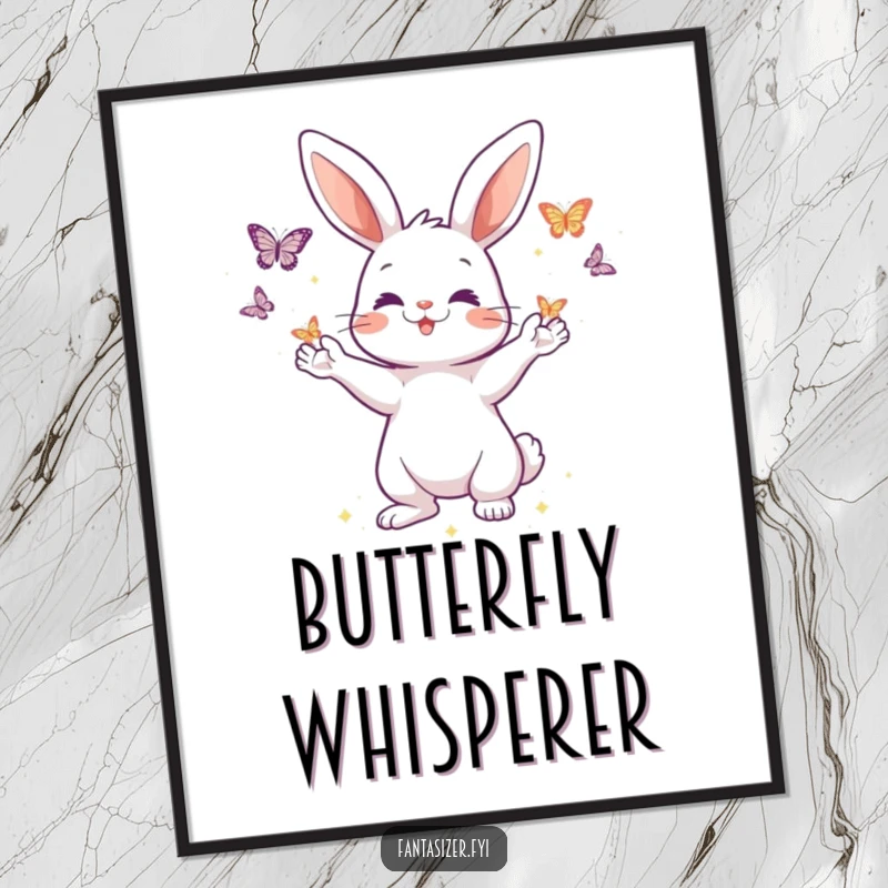 Funny poster print of a playful rabbit conjuring beautiful, shimmering butterflies from its paws, creating a dreamy and amusing whimsical wall art.
